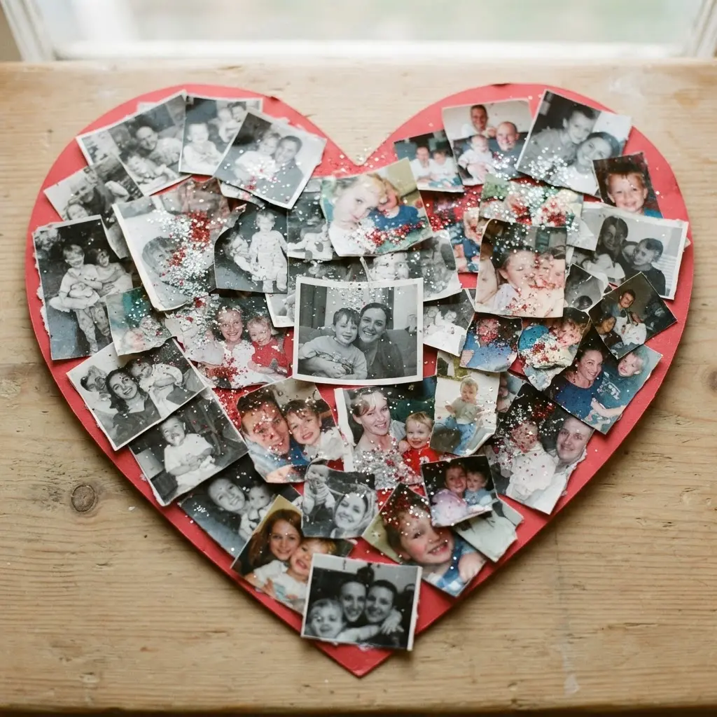 A red heart-shaped cardstock base covered with overlapping family photos and glitter accents.
