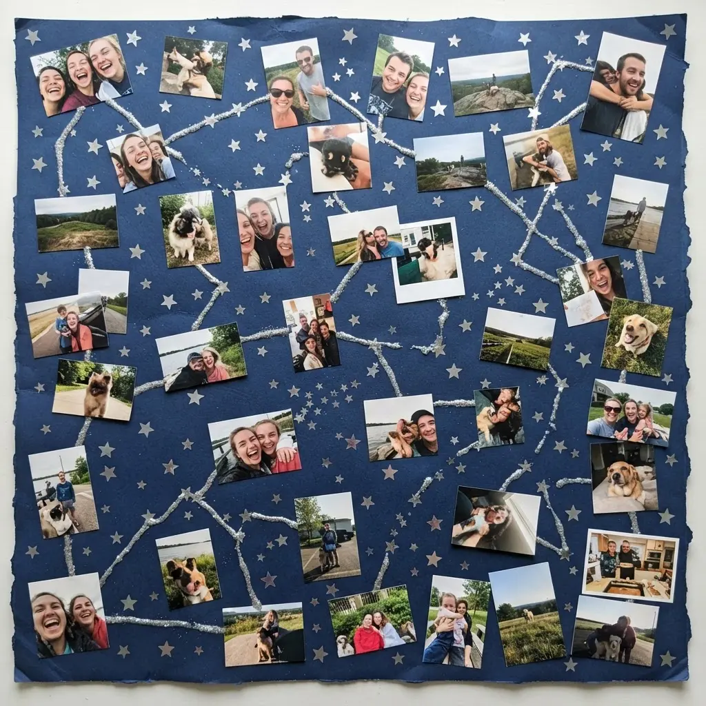 A dark blue poster board with photos arranged like a night sky, connected by lines of silver glitter glue and star stickers.