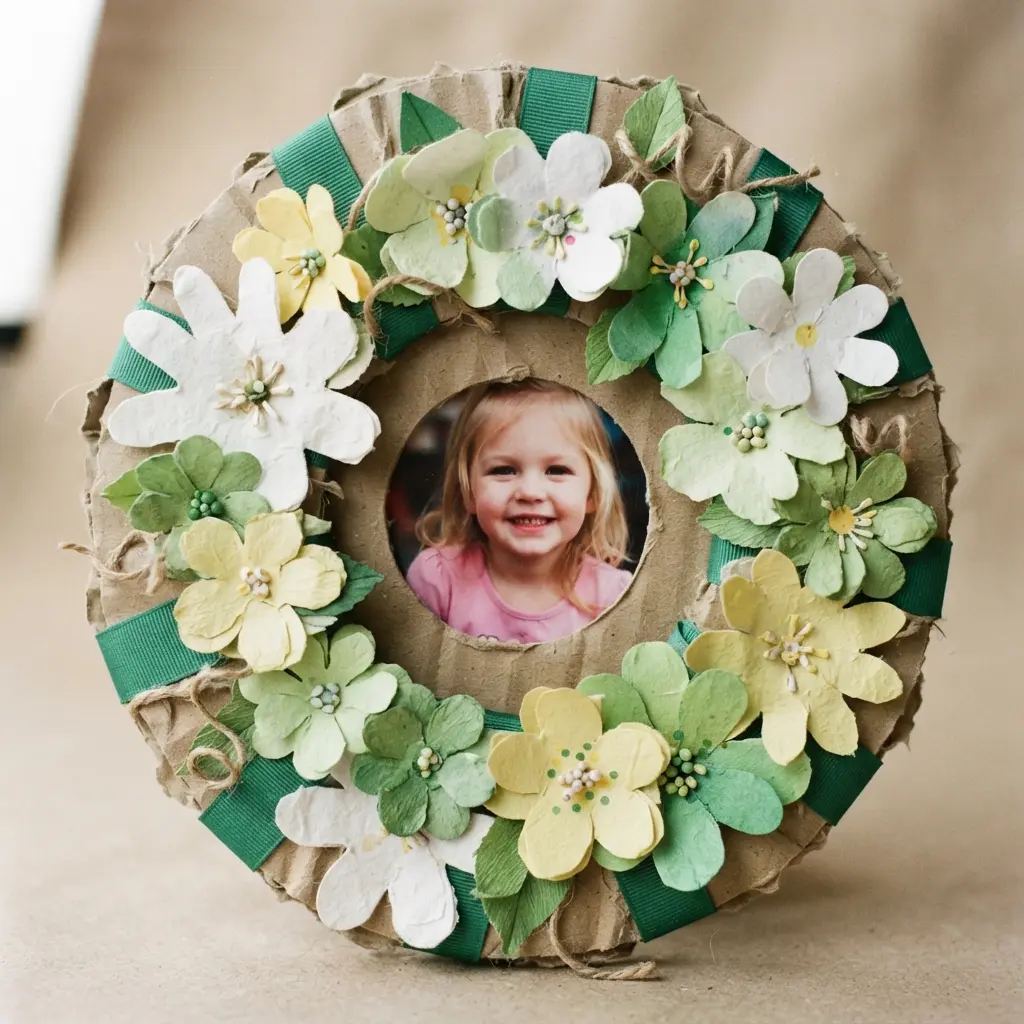 A circular cardboard frame wrapped in green ribbon with paper flowers and a central photo of mom.