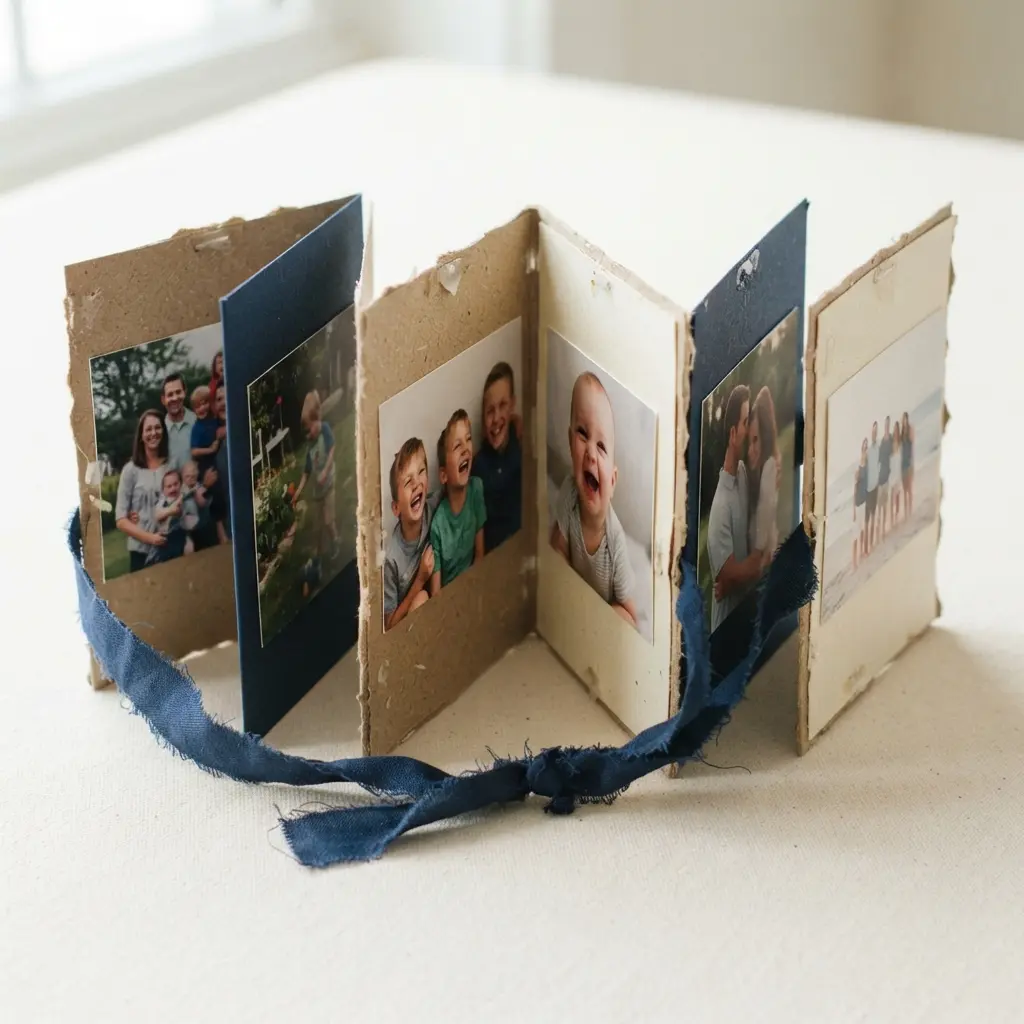 A folded cardstock album standing upright, showing different family photos on each panel.