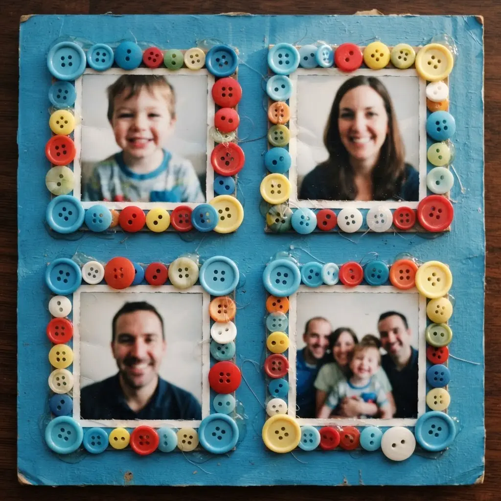 Four small square photos arranged in a grid on a blue background, framed with assorted colorful buttons.