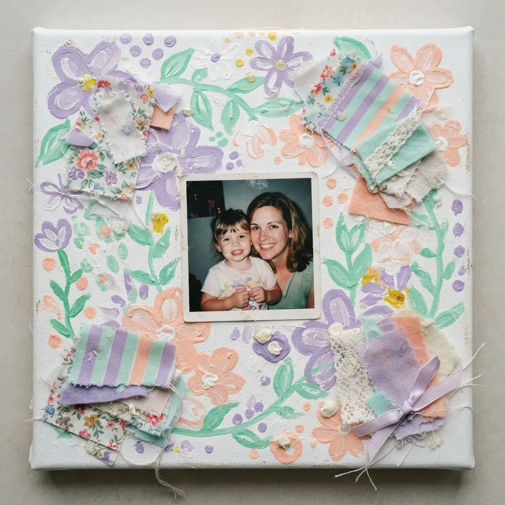A white canvas with a photo of mom in the center, surrounded by painted flowers and glued-on fabric swatches.