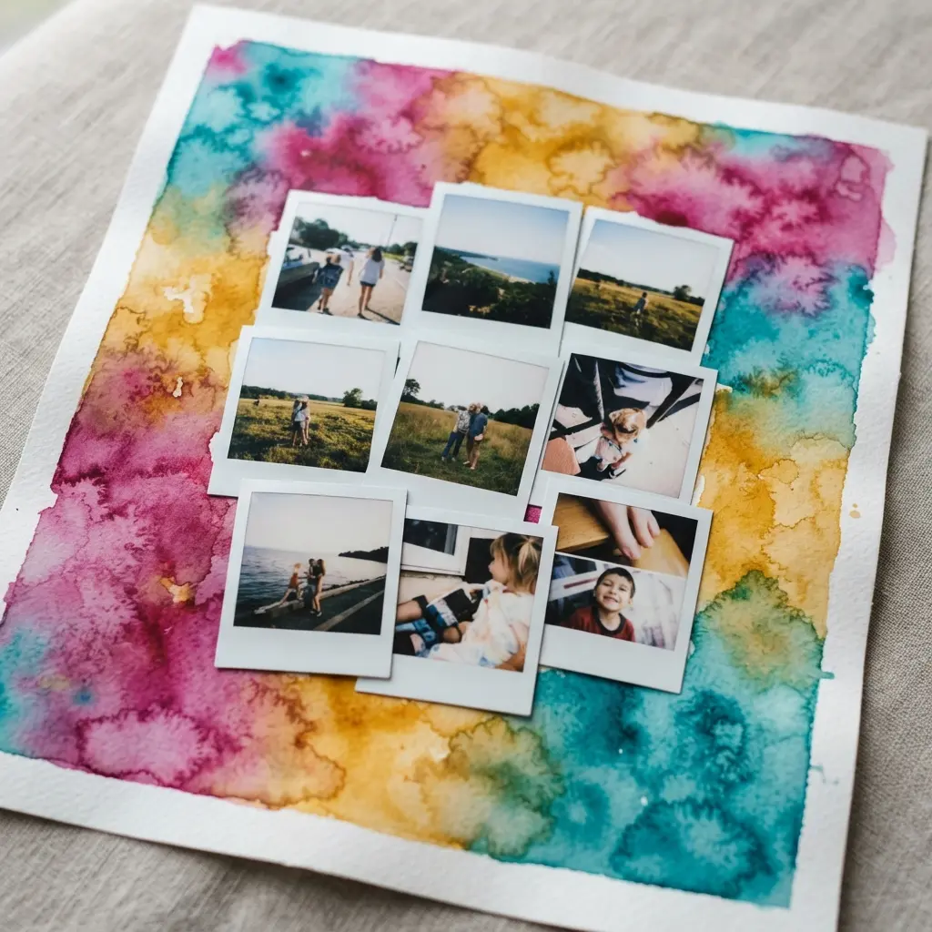 Several small photos arranged on a sheet of watercolor paper with a bright, blended watercolor border framing them.
