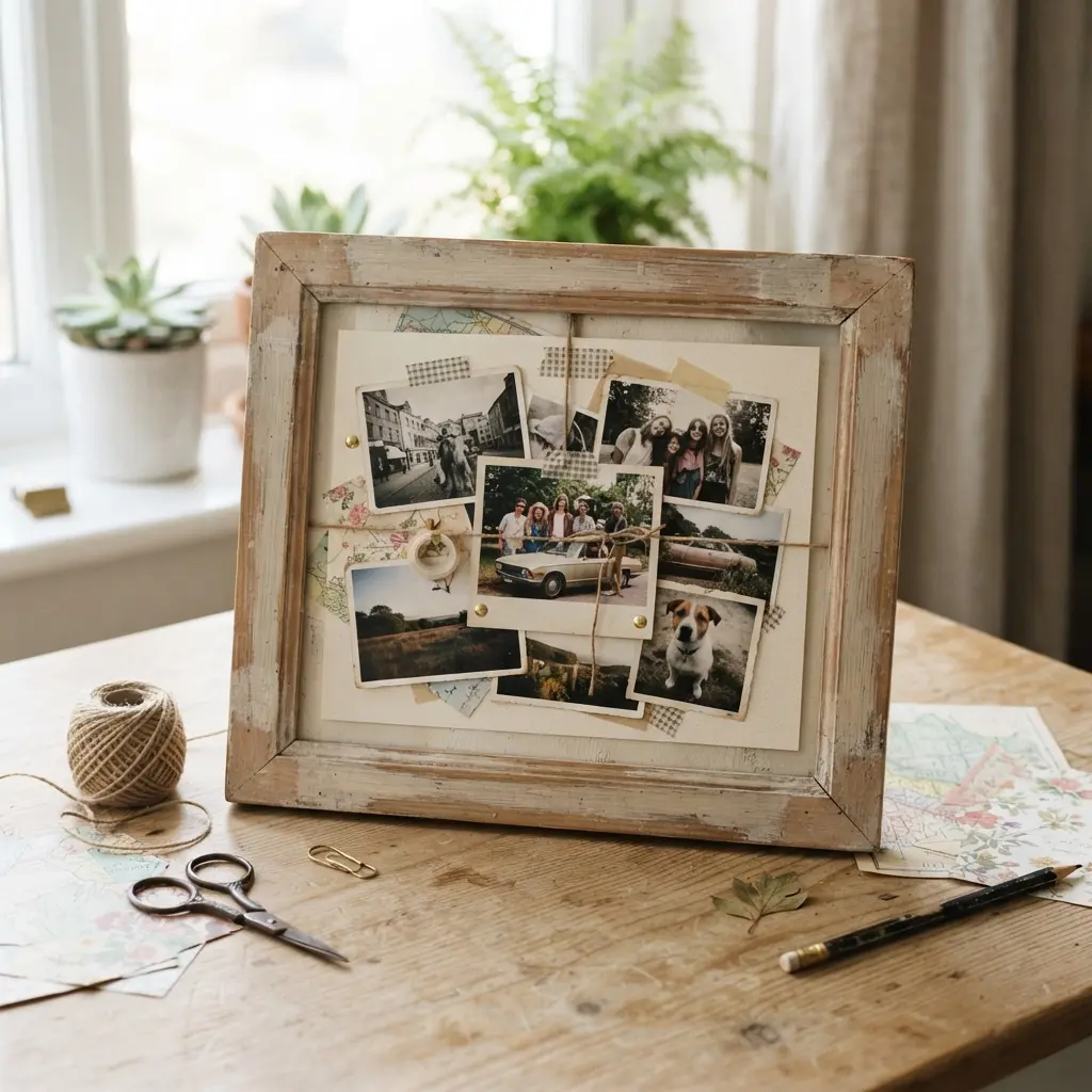 A portrait photo mounted on cardboard, surrounded by a textured backdrop of crumpled pink and yellow tissue paper flowers.