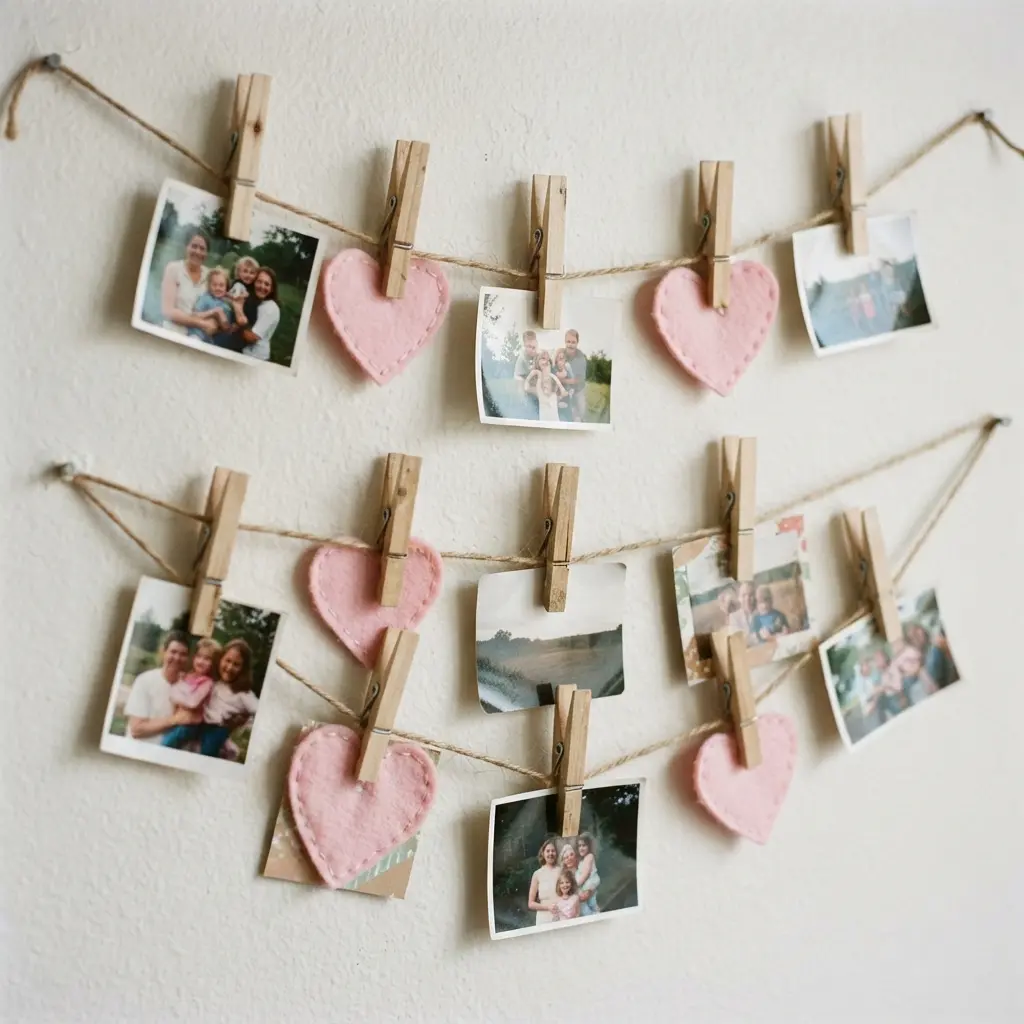 A length of jute twine hung between two points, with wooden clothespins holding small photos and heart-shaped cutouts.