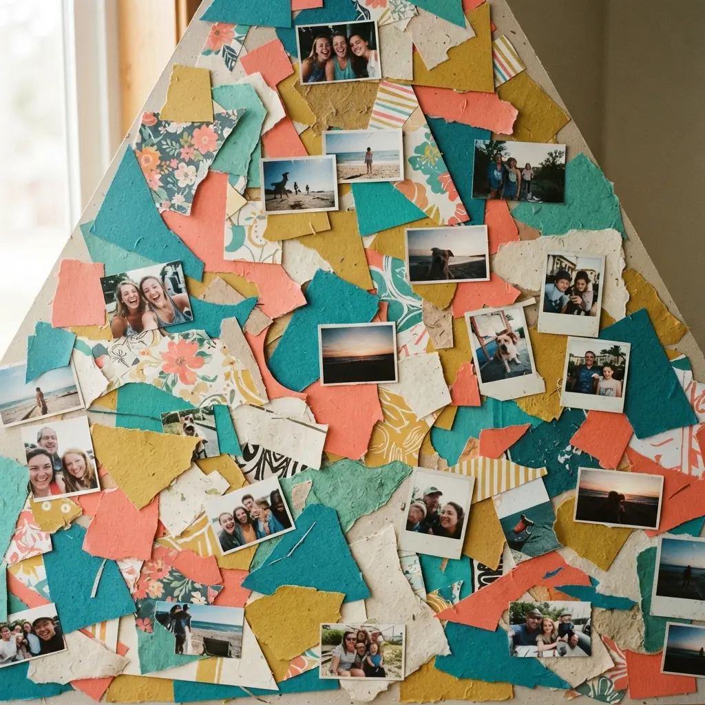 A large triangle shape on a poster board, filled with overlapping patterned paper scraps and several small photos.