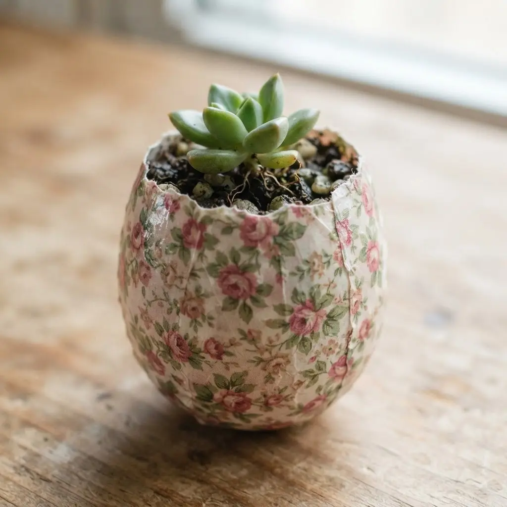 A small white plastic egg with a decoupaged vintage floral pattern, acting as a planter for a tiny succulent.