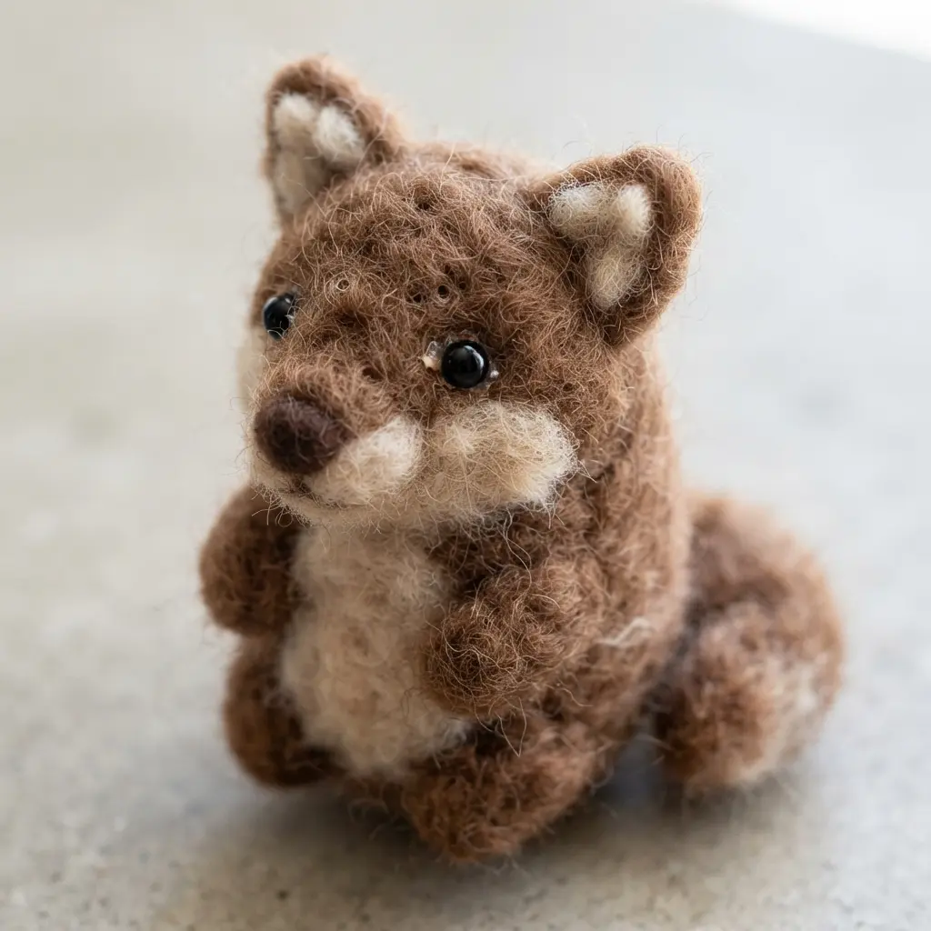 A plastic egg shaped into a round owl figure with needle-felted brown and cream wool details and black bead eyes.