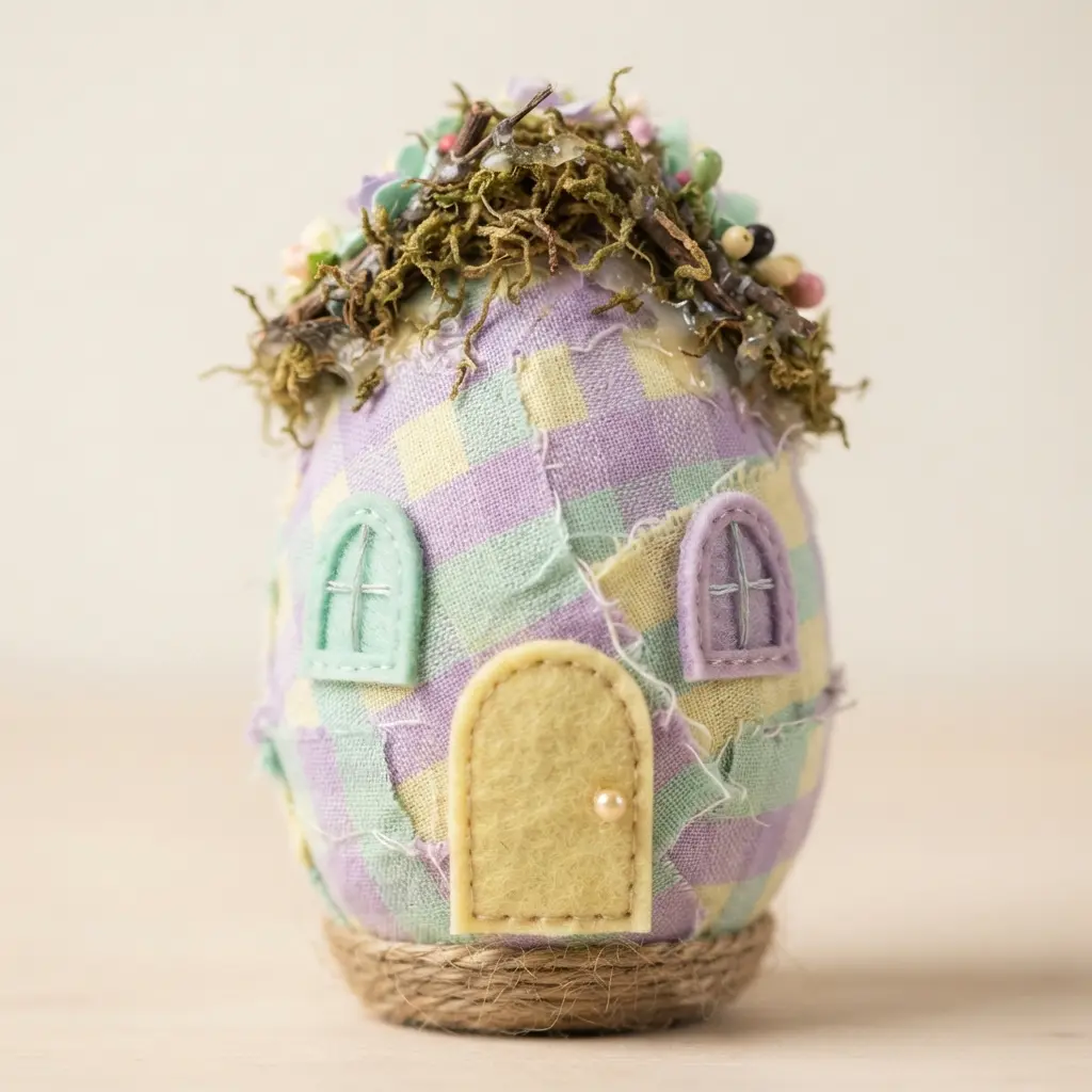 A plastic egg wrapped in pastel gingham fabric with a small door and window, topped with a moss roof.