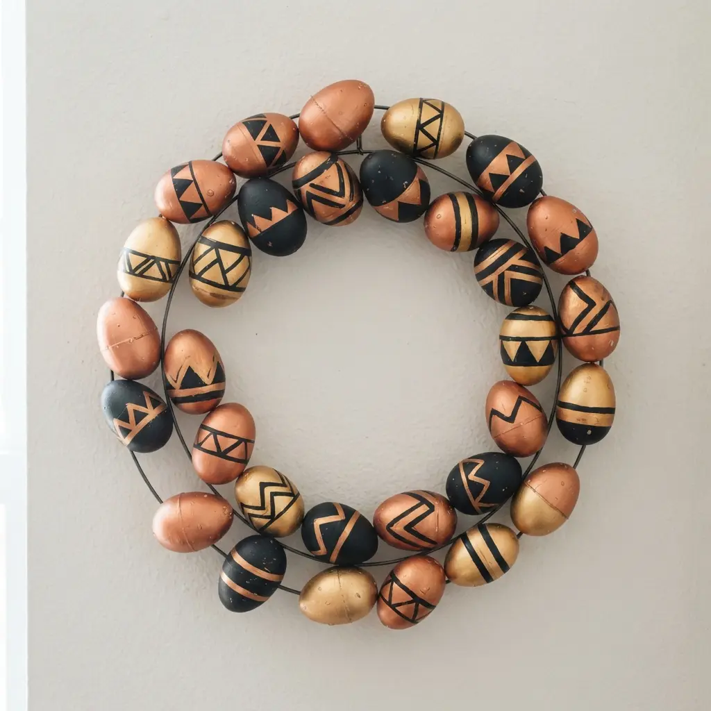 A circular wreath form holding several plastic eggs painted in gold and copper with crisp geometric tape-resist designs.