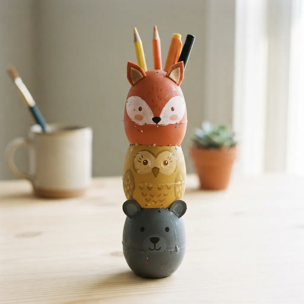 Three plastic eggs stacked and glued together, each painted as a different animal character to hold pens and clips.
