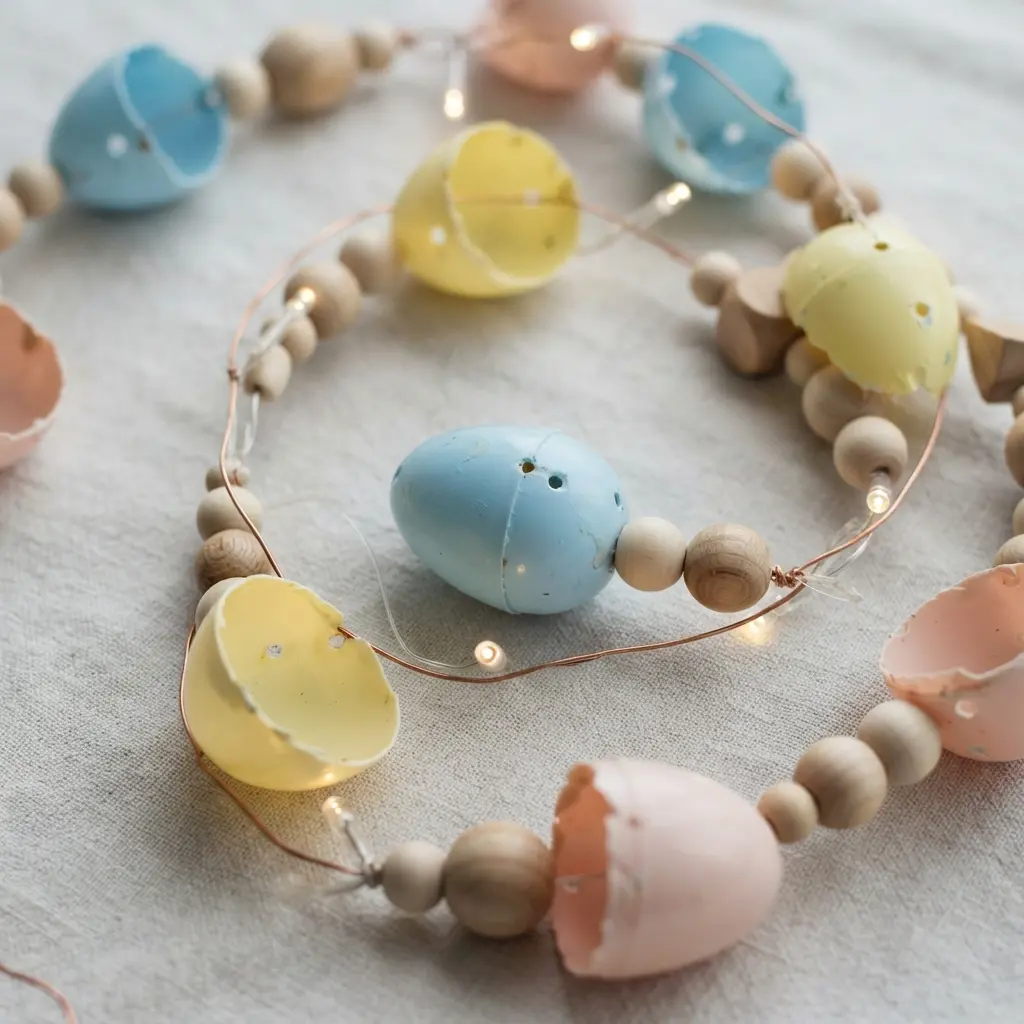 A string of plastic eggs interspersed with wooden beads and tiny fairy lights, hanging in an outdoor patio space.