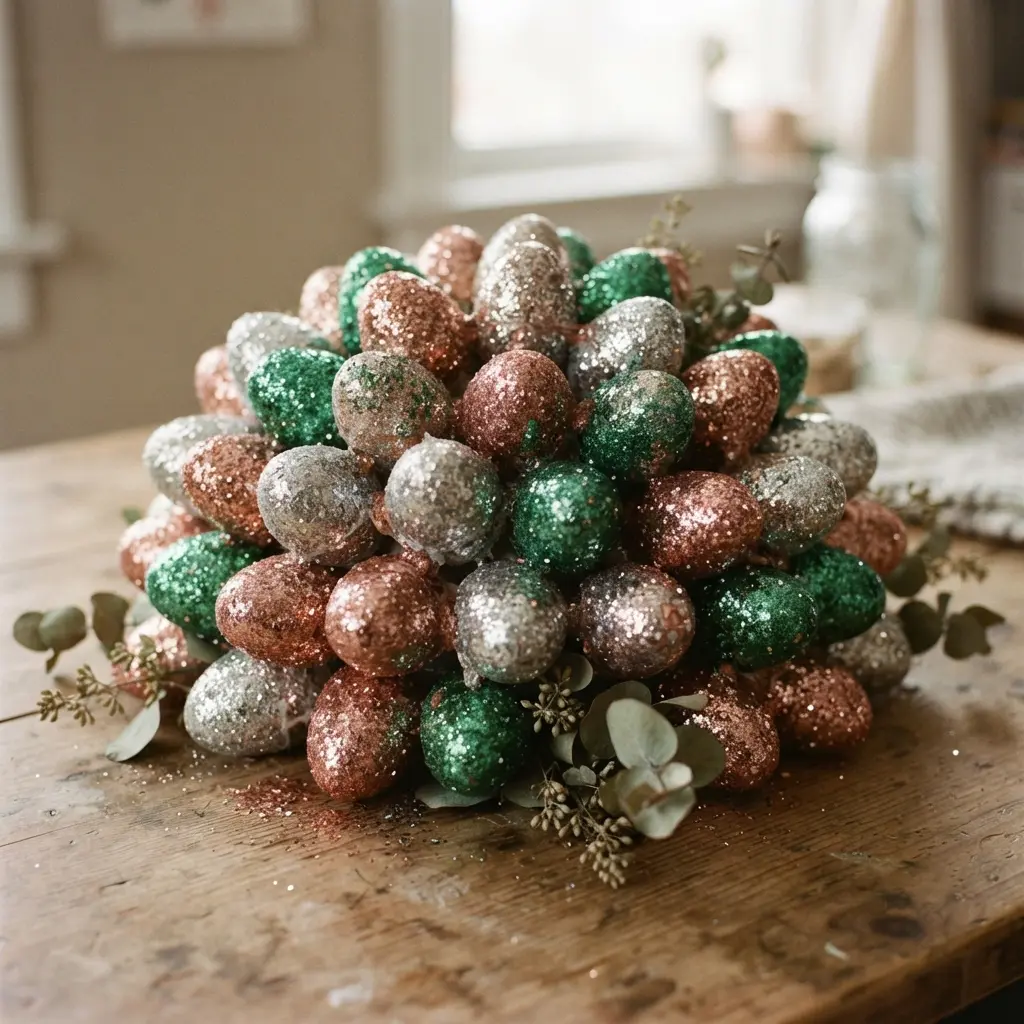 A group of plastic eggs dipped in silver and rose gold glitter, nestled together in a ceramic bowl with dried botanicals.