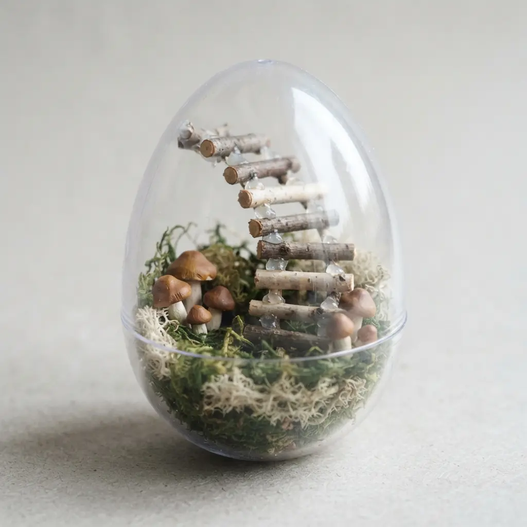 A deep picture frame displaying a plastic egg halved to reveal a miniature woodland diorama with moss and tiny mushrooms.