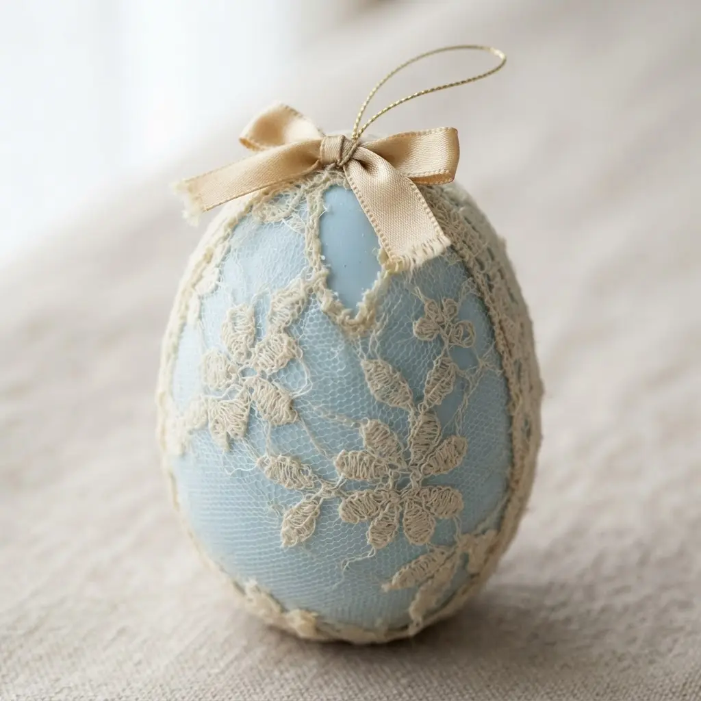 A pale blue plastic egg completely covered with intricate white lace and a small silk ribbon bow at the top.