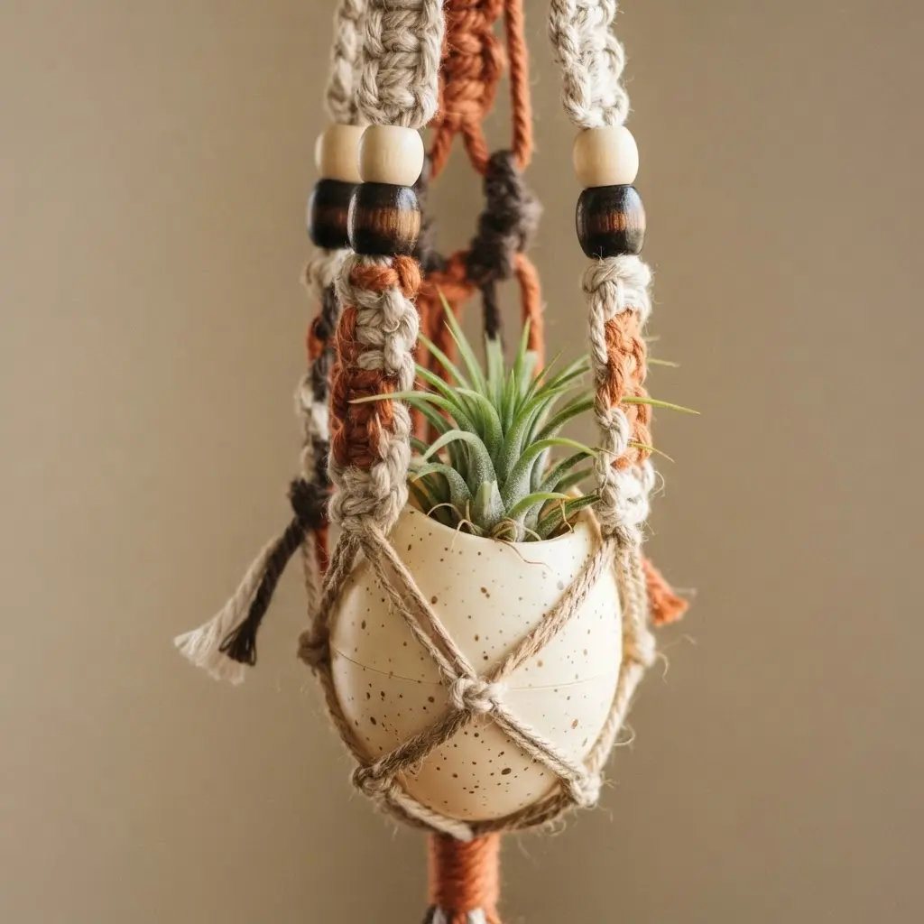 A plastic egg suspended in a knotted macrame net, holding an air plant, with wooden beads and tassel details.