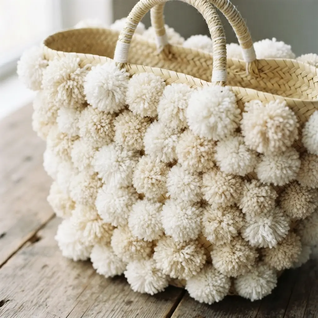 A natural straw beach bag covered with fluffy white yarn pom poms in tight clusters.