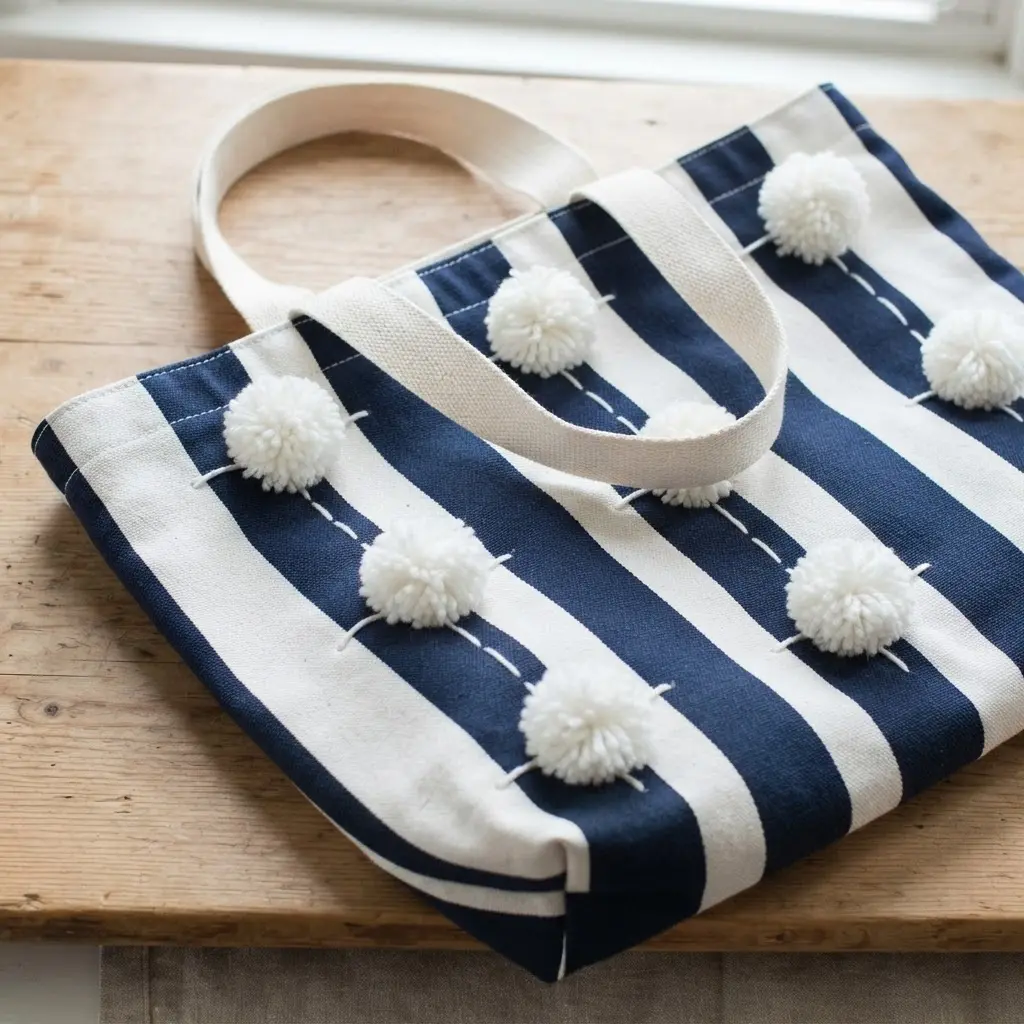 A navy and white striped canvas tote with white pom poms stitched along the navy stripes for a graphic effect.