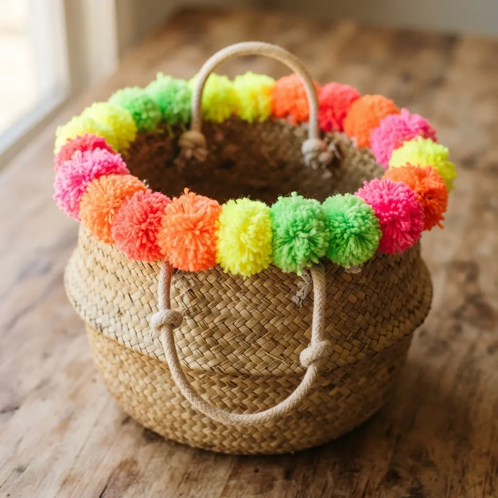 A round woven basket bag with a bold border of neon pink, orange, yellow, and green yarn pom poms.