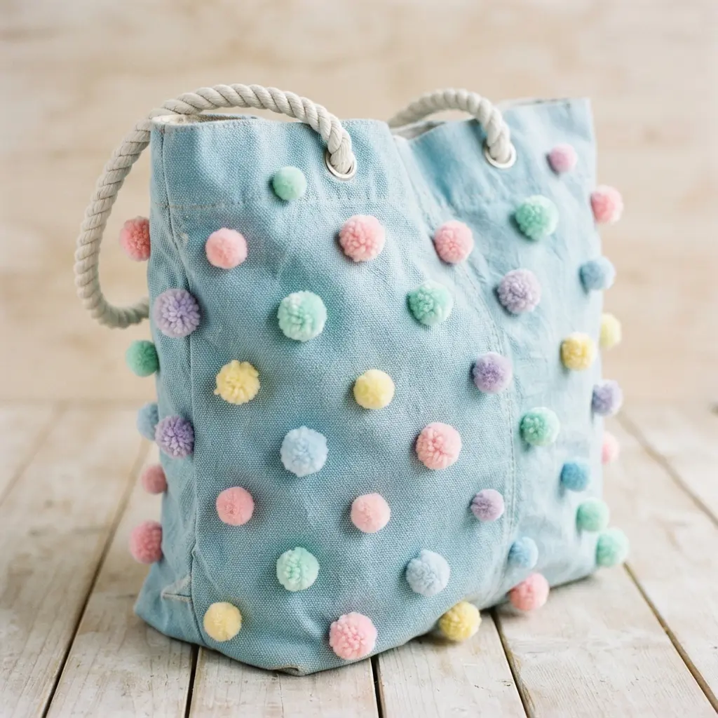 A soft blue canvas beach bag decorated with scattered pink, mint, and lavender pom poms like polka dots.