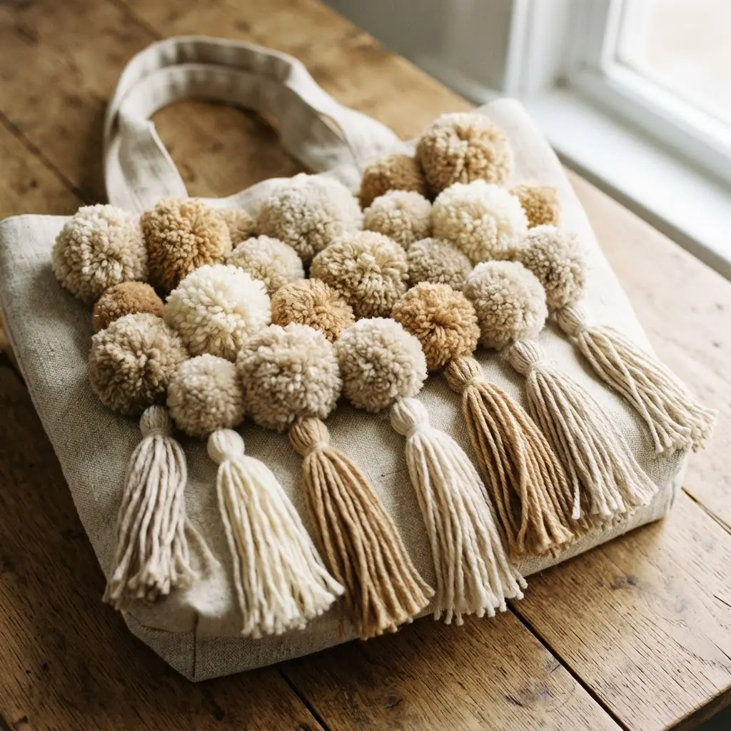 A structured linen tote with an arrangement of neutral-toned yarn pom poms and long matching tassels.
