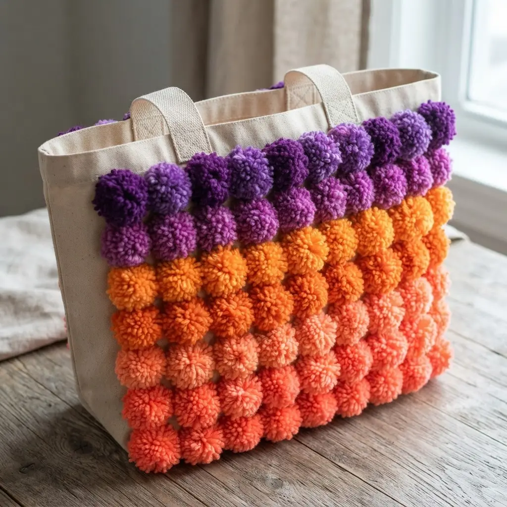 A wide canvas shopper bag with yarn pom poms arranged in a gradient from coral to deep purple.
