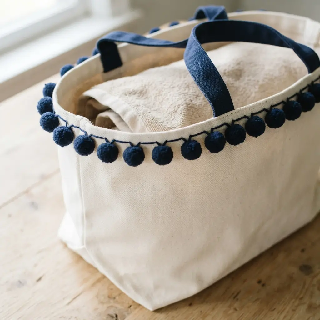 A clean white canvas beach bag with a neat line of small navy blue pom poms stitched along the top edge.
