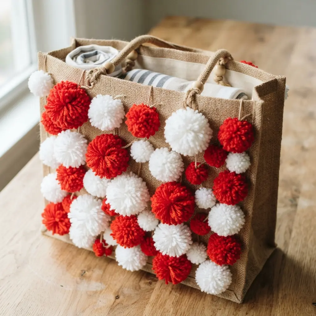 A textured jute bag decorated with an artistic pattern of large, medium, and small red and white pom poms.