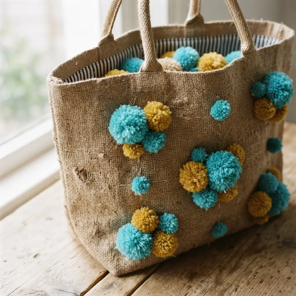 A rustic jute tote bag with sporadic accents of bright turquoise and mustard yellow yarn pom poms.