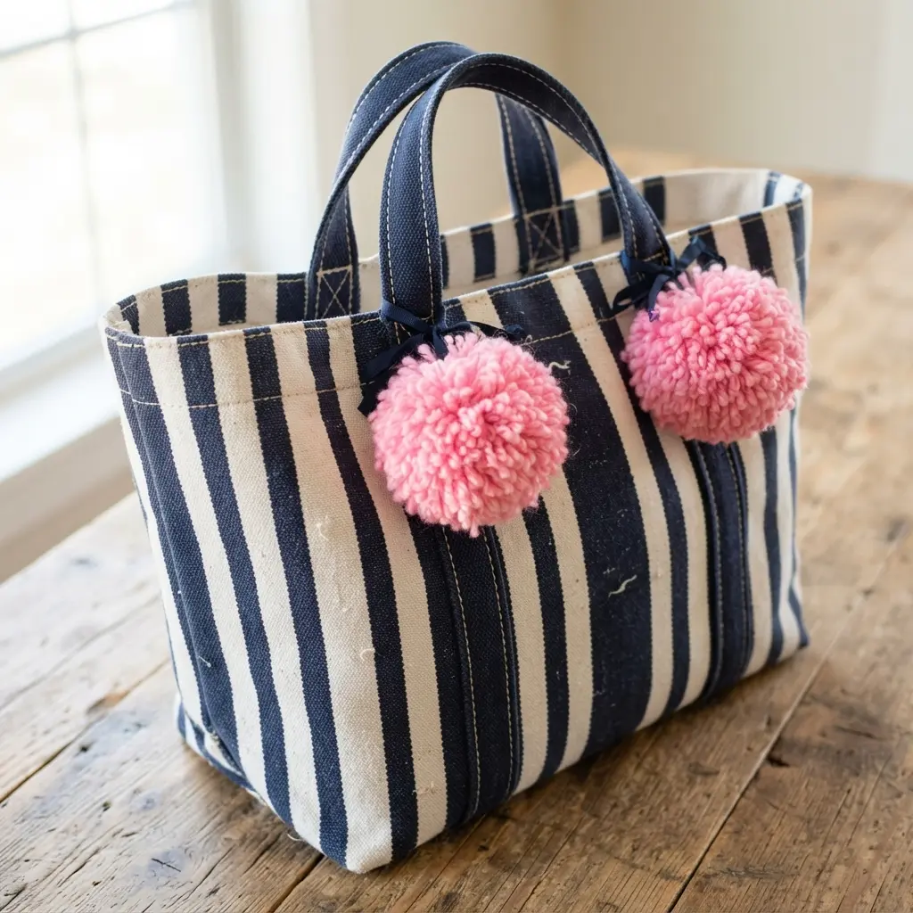 A striped canvas beach bag with two extra-large, fluffy pink pom poms secured where the handles meet the bag.