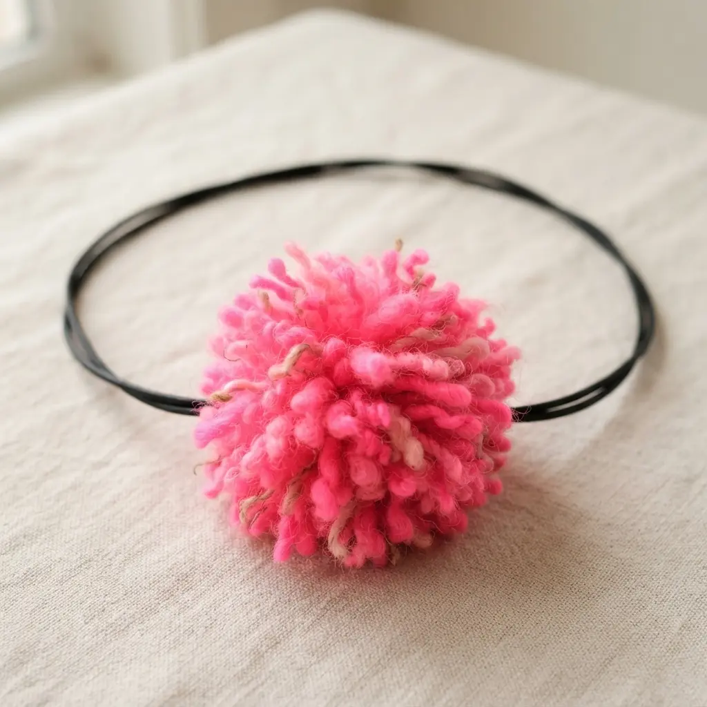 A large, fluffy neon pink pom pom necklace on a thin black leather cord against a white background.