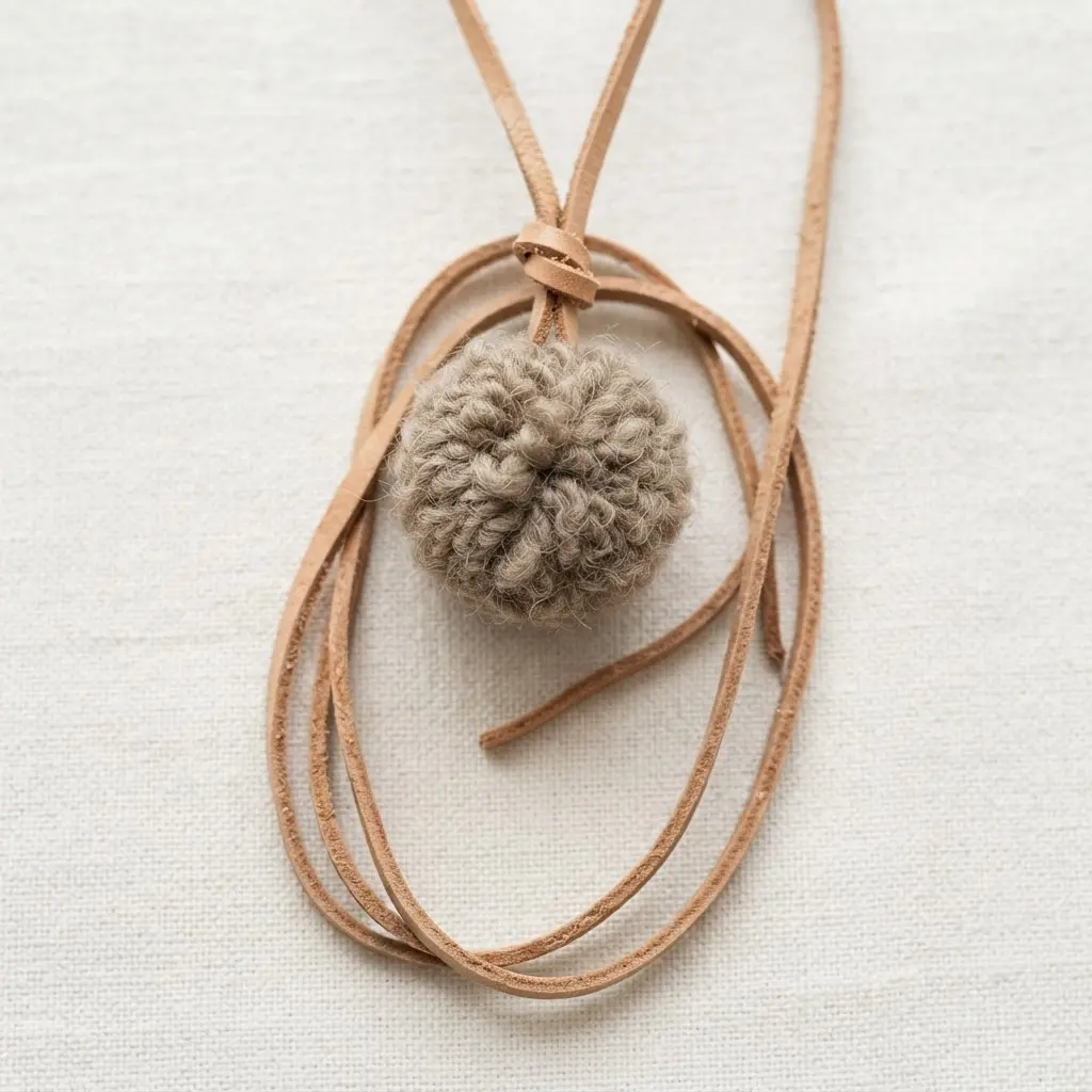 A minimalist necklace consisting of a single taupe-colored pom pom on a long, knotted natural leather cord.