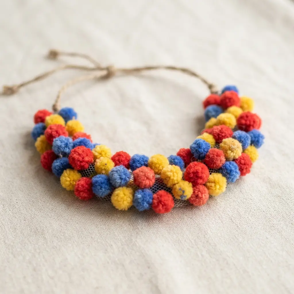 A dense bib-style necklace featuring clusters of tiny red, yellow, and blue pom poms attached to a mesh base.