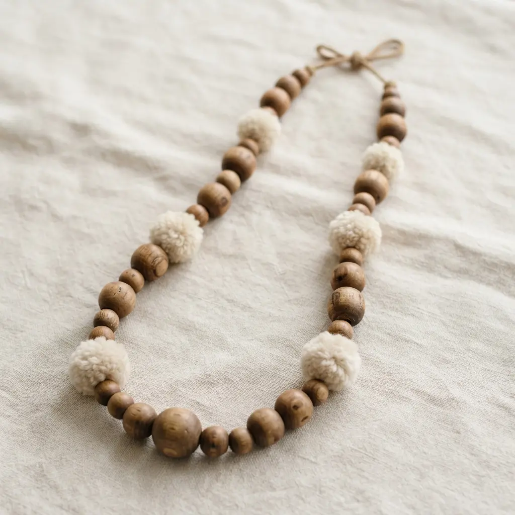 A long beaded necklace with natural wooden beads alternating with soft cream-colored pom poms on brown cord.
