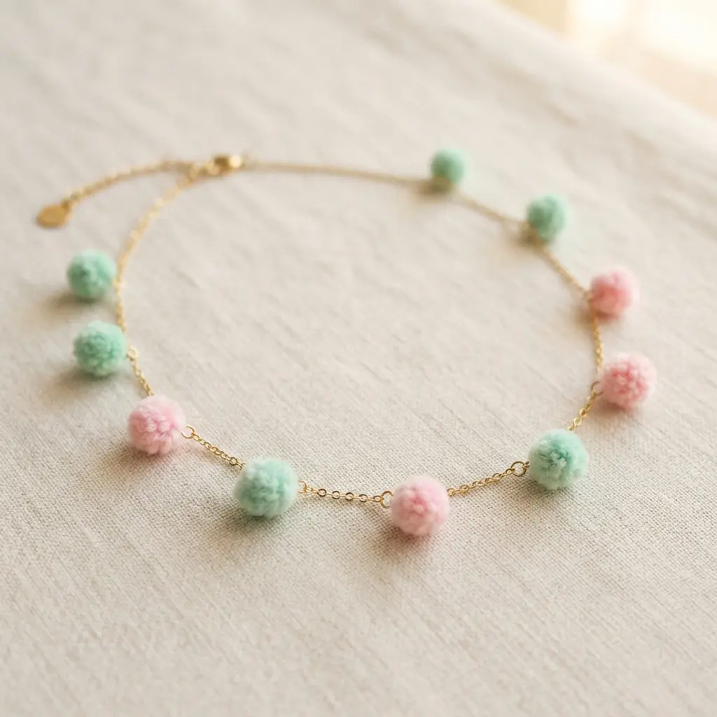 A thin gold chain necklace with small, soft mint green and baby pink pom poms spaced evenly along its length.