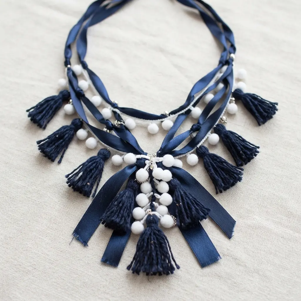 A multi-strand necklace with navy blue satin ribbons, coordinating yarn tassels, and small white pom poms.