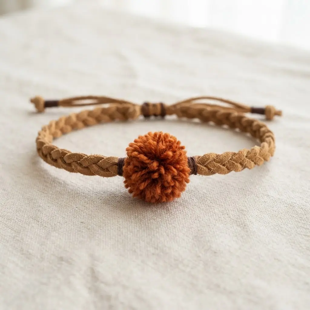 A close-fitting braided tan suede cord choker with a single burnt orange pom pom centered at the front.