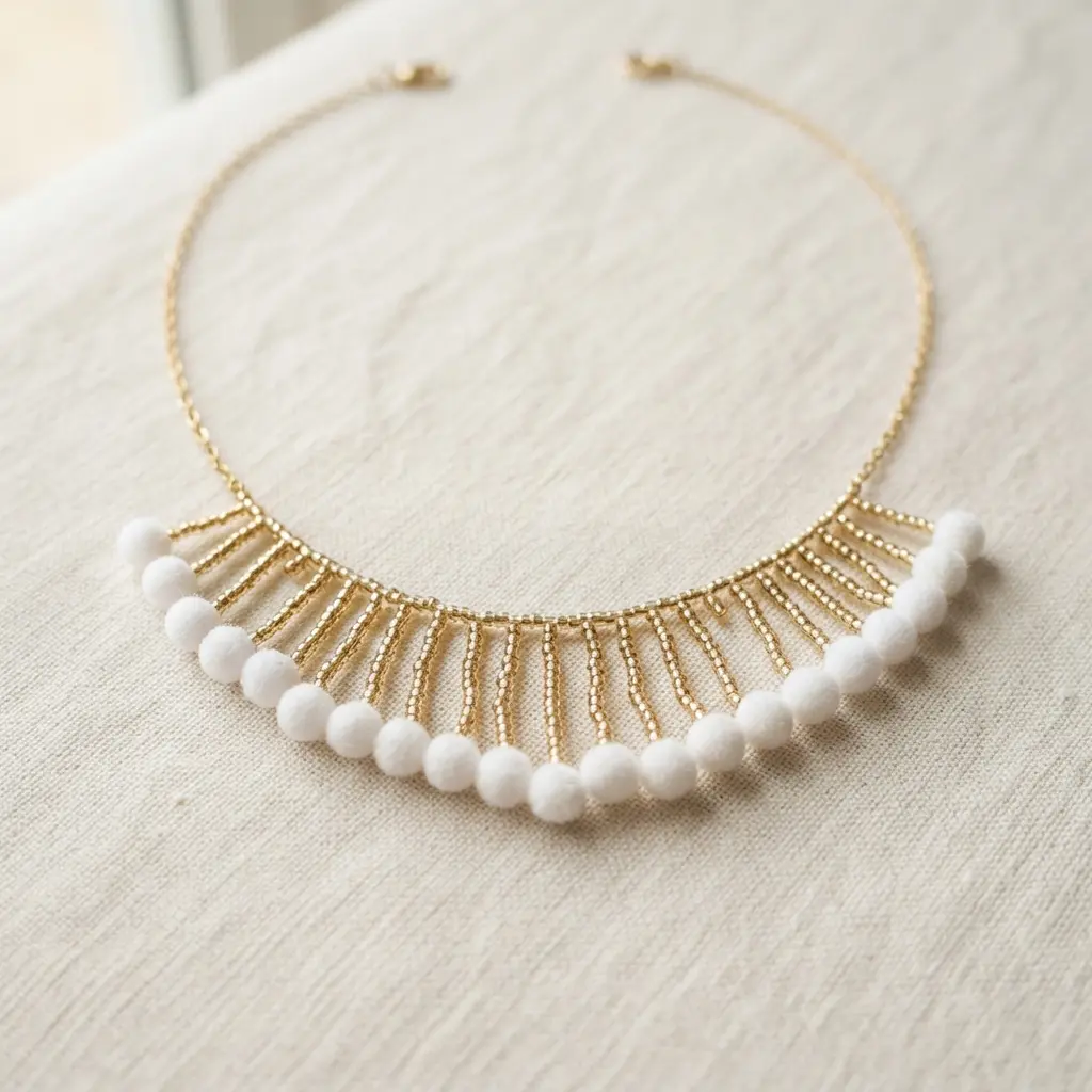 A fine chain necklace with multiple fringe strands of gold seed beads ending in miniature white pom poms.
