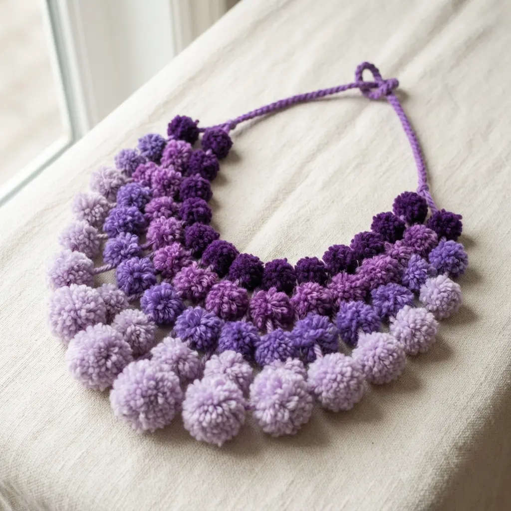 A necklace with tiers of fringe showcasing pom poms in a gradient from deep purple to light lavender.