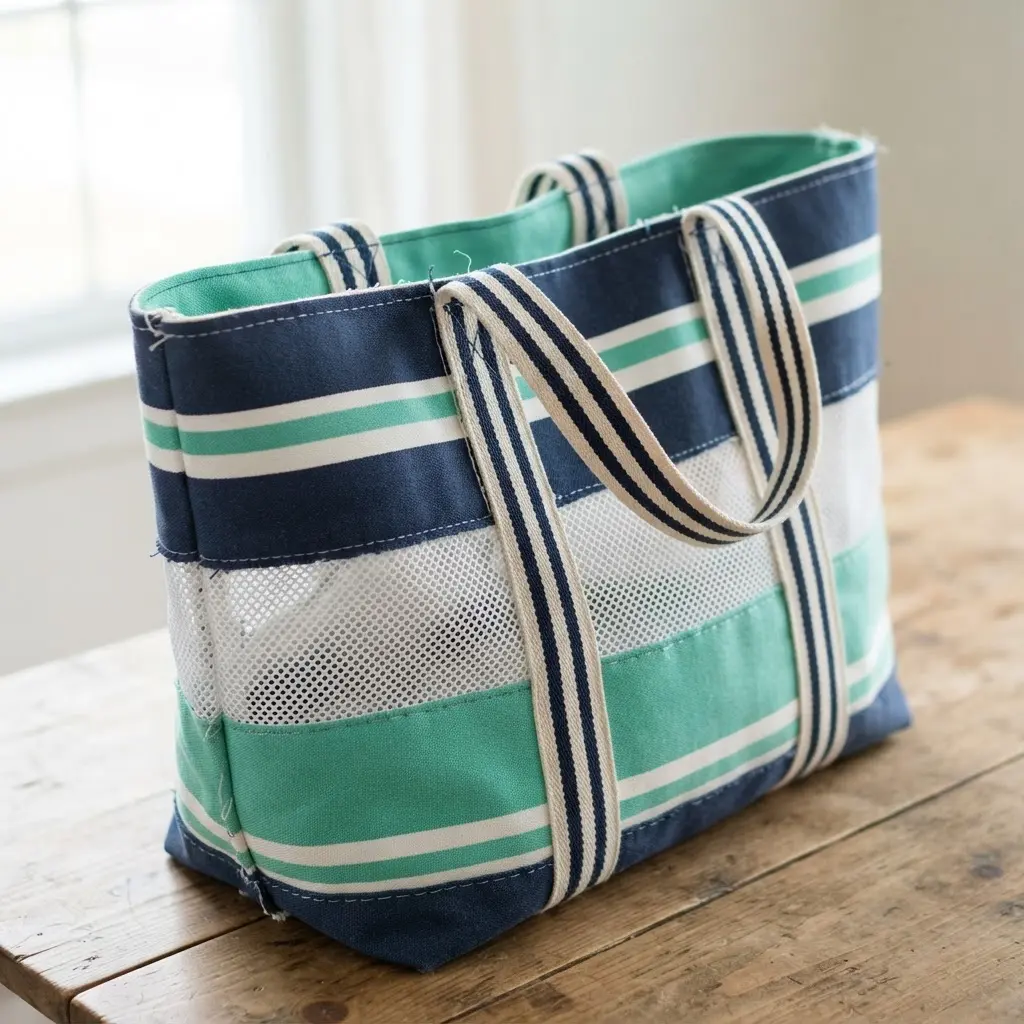 A blue and white striped canvas tote with open-weave mesh side panels and sturdy fabric handles.