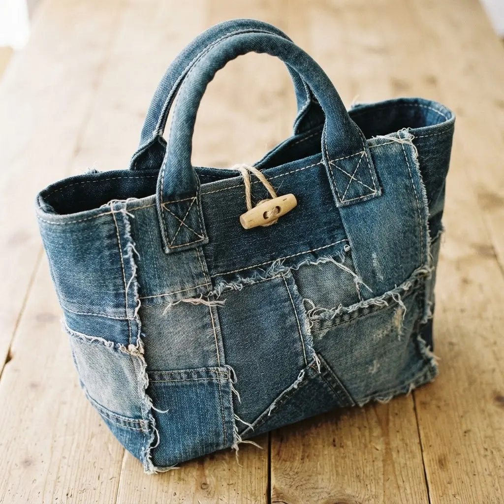A patchwork bag made from various shades of blue denim, with a wooden button closure.
