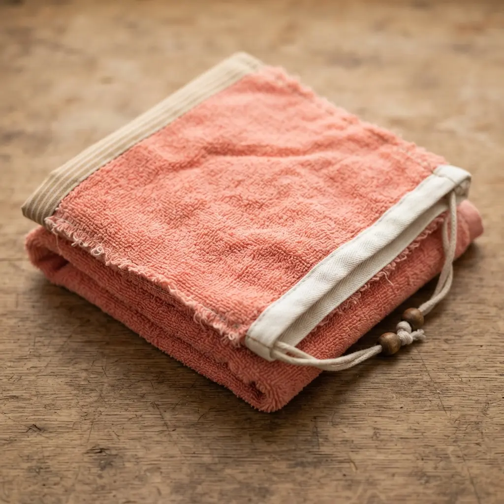 A large terry cloth towel folded and secured with a drawstring cord to form a simple bag.