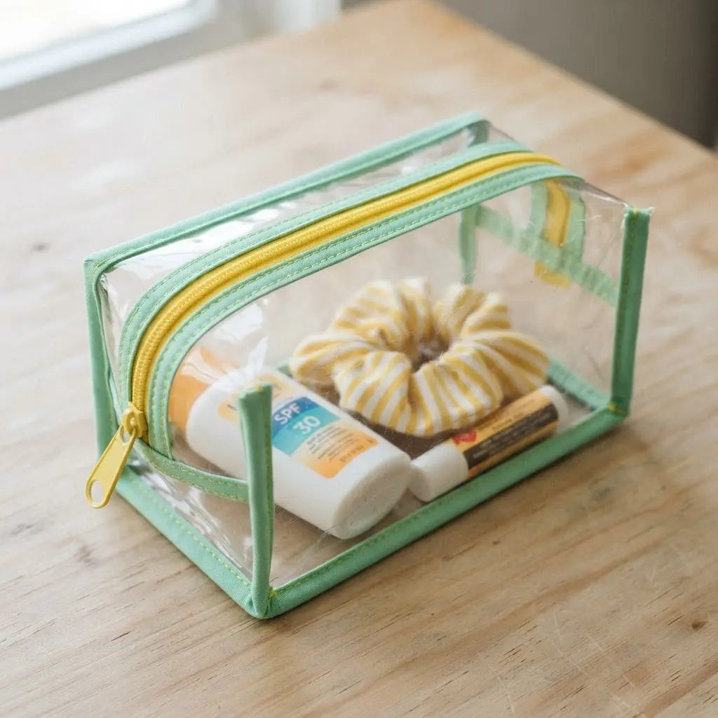 A clear vinyl pouch with a white zipper closure, holding sunscreen bottles and sunglasses.