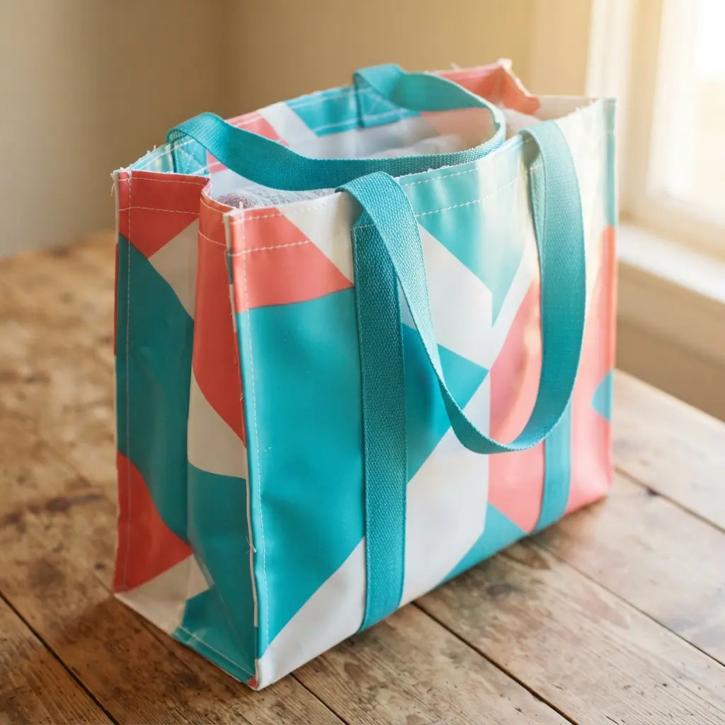 A bright, patterned tote bag constructed from a waterproof shower curtain material with reinforced seams.