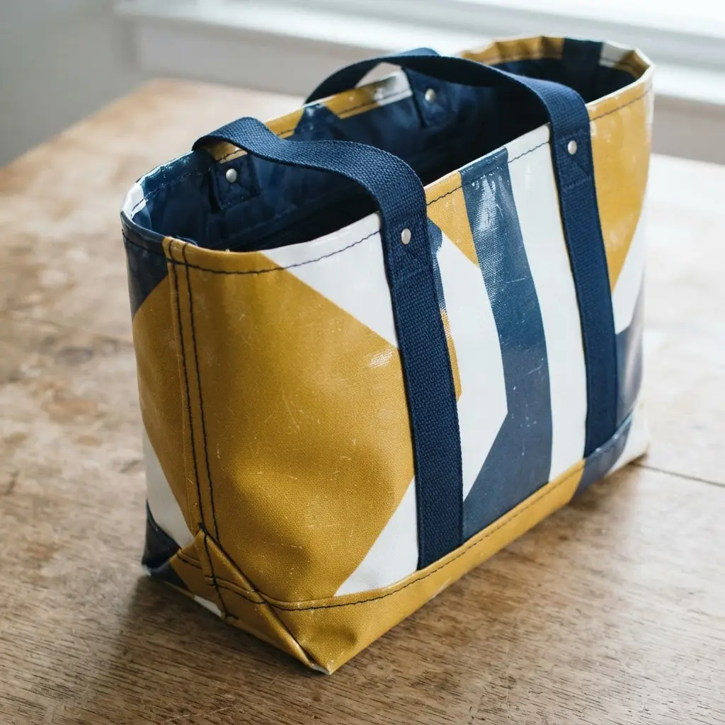 A boxy, yellow laminated cotton tote bag with wide straps and visible topstitching on a wooden table.