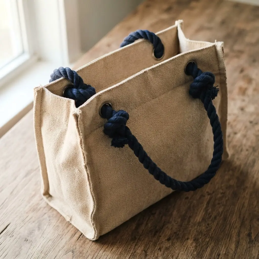 A natural canvas drawstring bag with large, knotted rope handles on a sandy beach background.