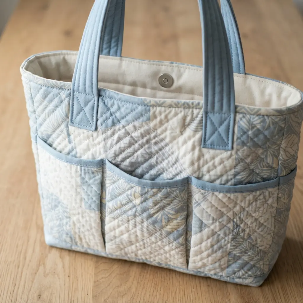 A light blue quilted cotton tote bag with a divided interior and a magnetic snap closure.