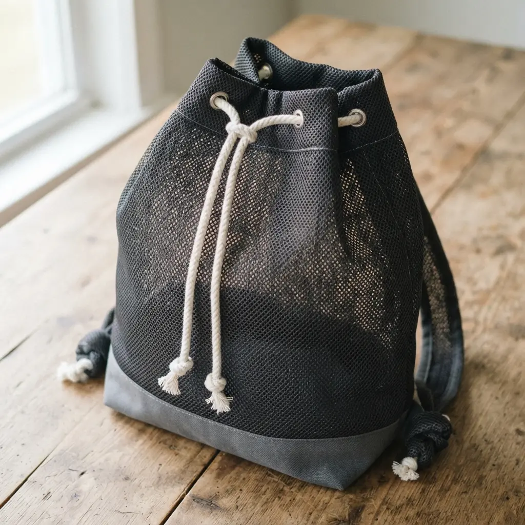A black mesh drawstring backpack with two straps, sitting on a wooden bench.