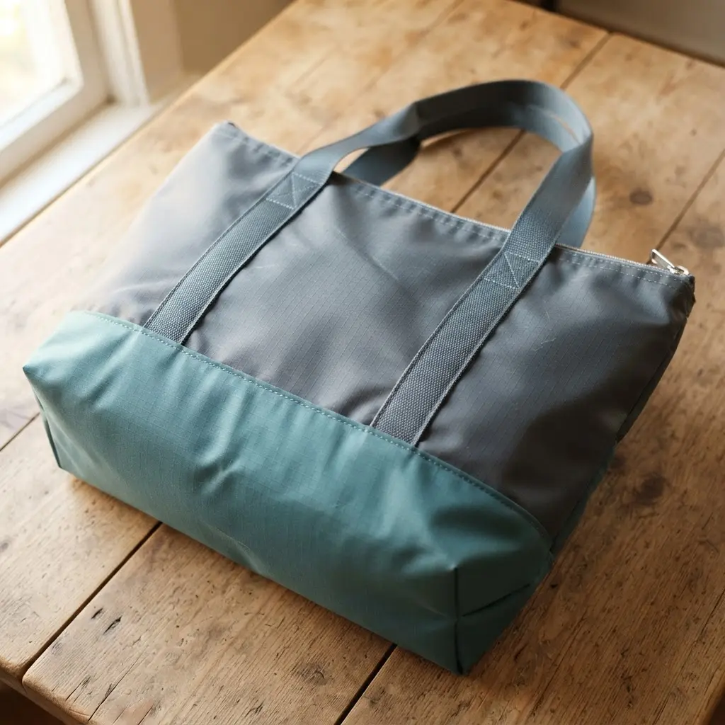A grey and teal tote bag with contrasting panels and boxed corners made from ripstop nylon.