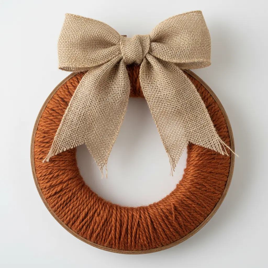 A rustic pumpkin yarn wreath with a large burlap bow, twisted orange yarn, and a wooden embroidery hoop.